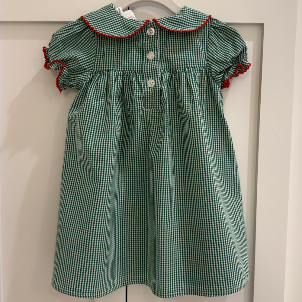Southern Smocked Company Green/White Gingham Dress with Red Trim & Santa Detail - Picture 3 of 4
